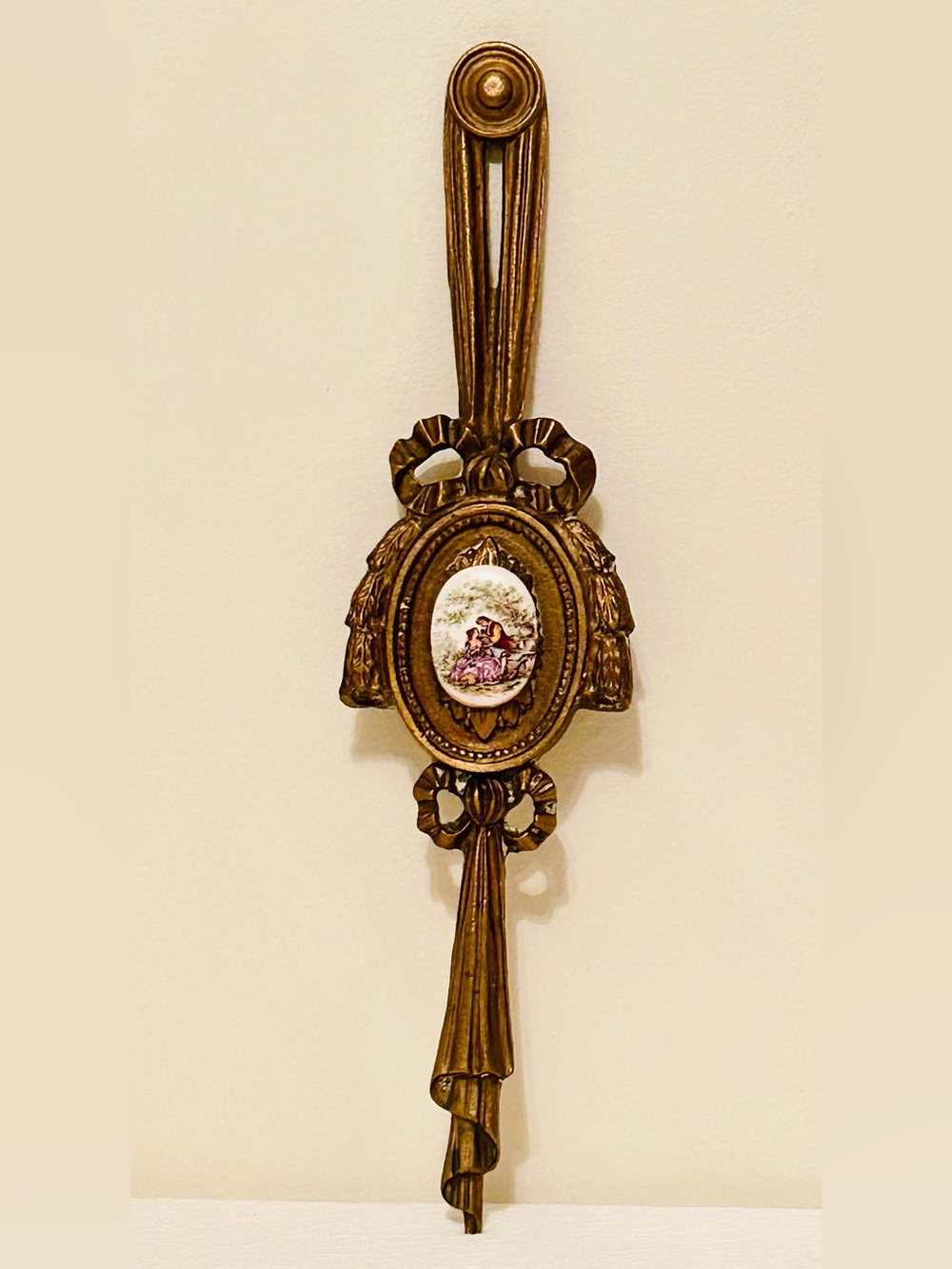 Vintage Victorian Cast Brass Wall Hanging w/ Porcelain Cameo Of Courting Couple